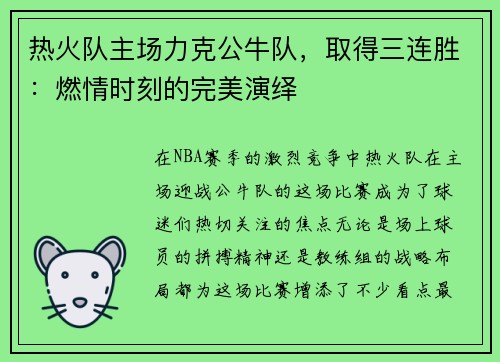 热火队主场力克公牛队，取得三连胜：燃情时刻的完美演绎