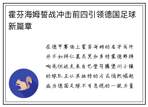 霍芬海姆誓战冲击前四引领德国足球新篇章