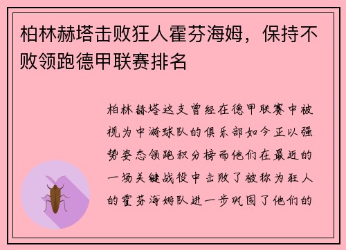柏林赫塔击败狂人霍芬海姆，保持不败领跑德甲联赛排名