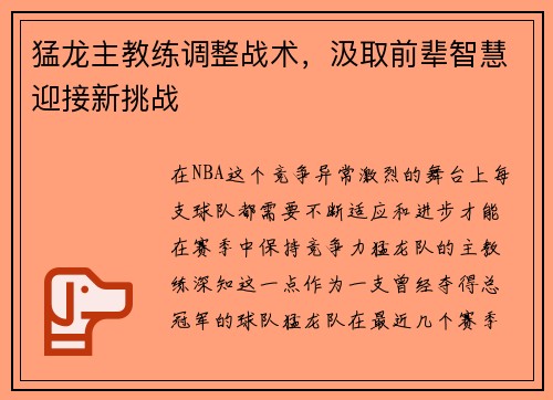 猛龙主教练调整战术，汲取前辈智慧迎接新挑战